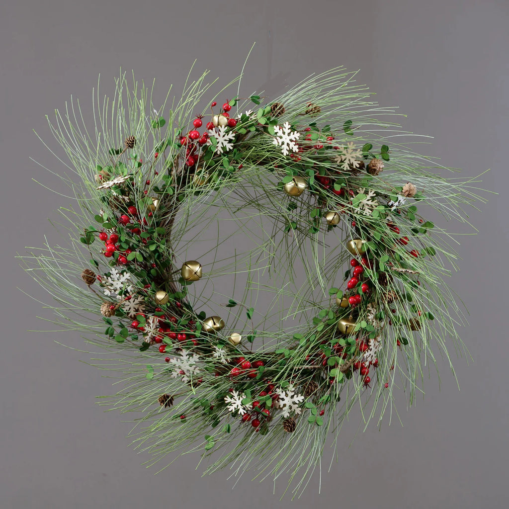 Wreath - Twig, White Pine, Berries, Bells, Snowflakes