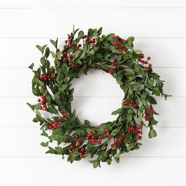 Wreath - Green Sprigs With Berries, Twig Base