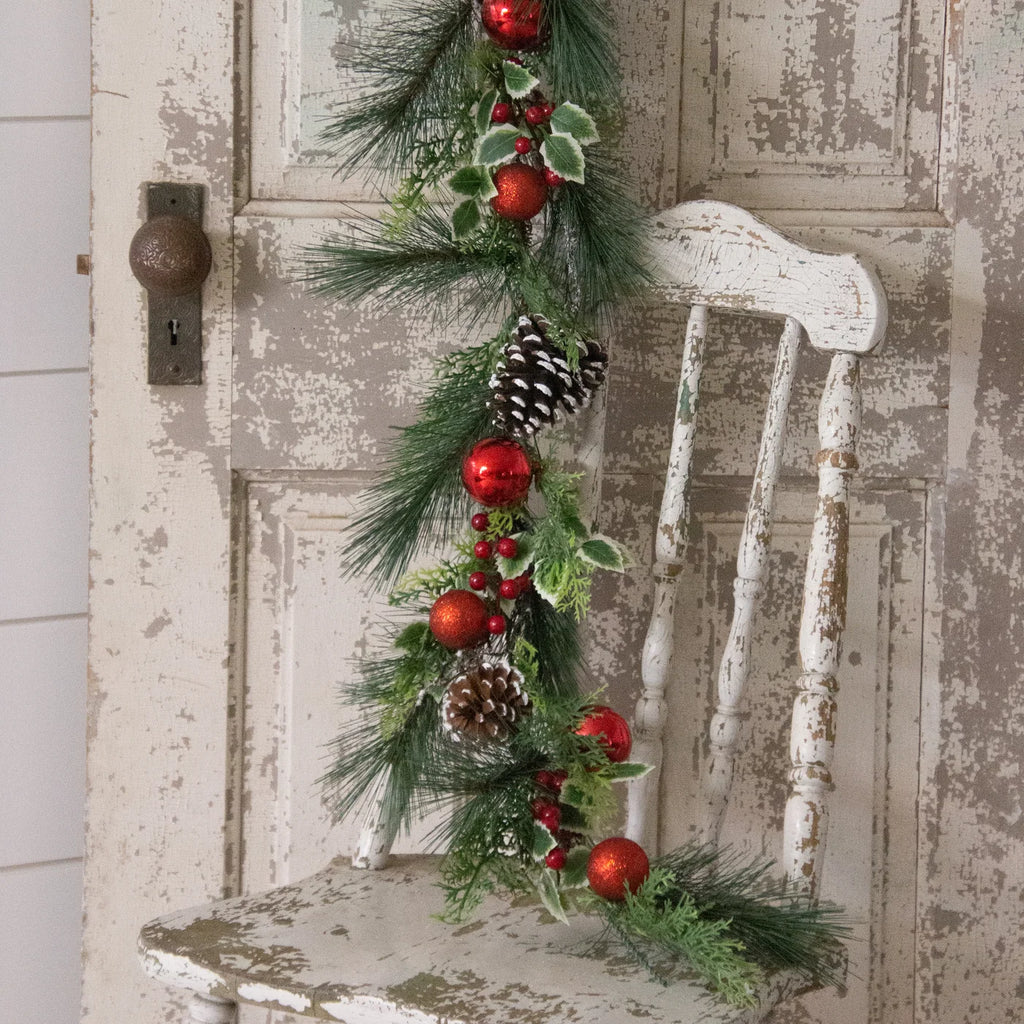 Garland - White Pine with Red Ornaments