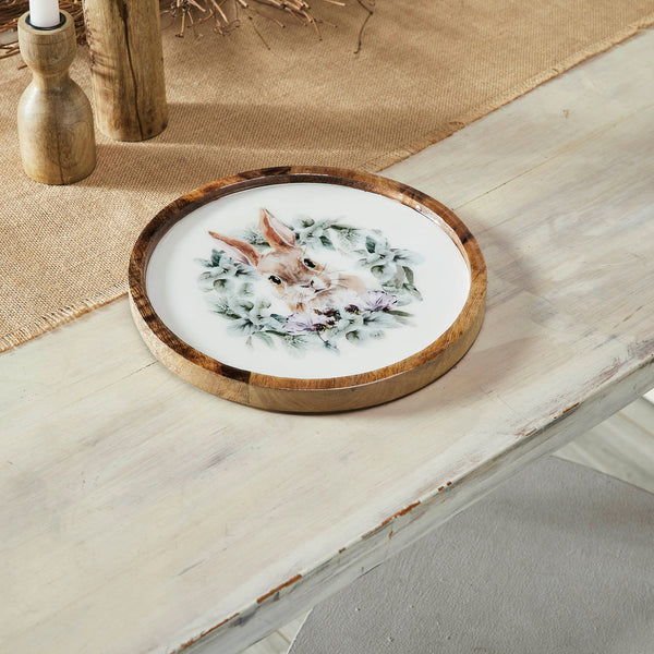 Bunny Hop Wooden Plate Natural with Bunny & Wreath