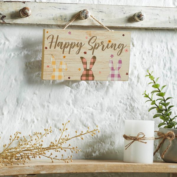 Bunny Hop Happy Spring 3 Bunnies In Check Wall Sign with Twine