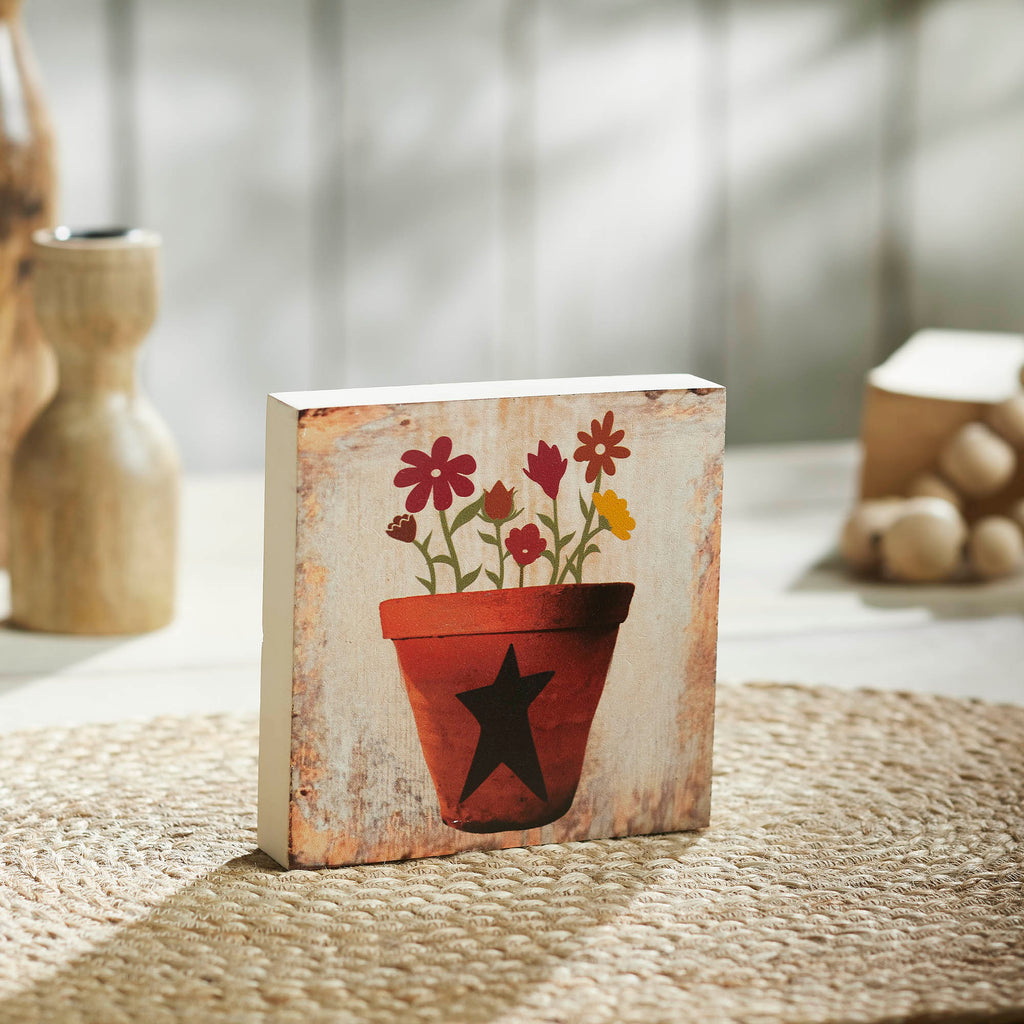 Spring In Bloom Flower Pot with Primitive Star Block Sign