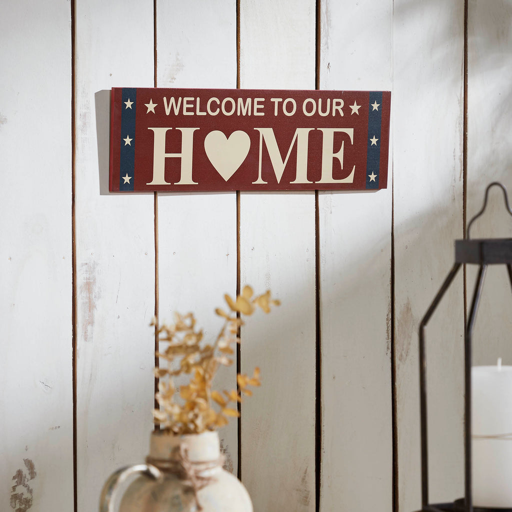 Welcome To Our Home with White Stars On Blue Stripes Wall Sign