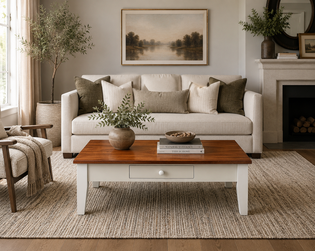 J25 Coffee Table with Drawer-ALL MAPLE-Dove white with cherry