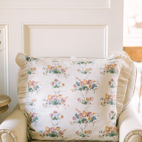 Rosehill Cottage Floral Ruffled Cotton Euro Sham - 26x26 Dusty Rose & Natural Vintage Botanical Pillow Cover