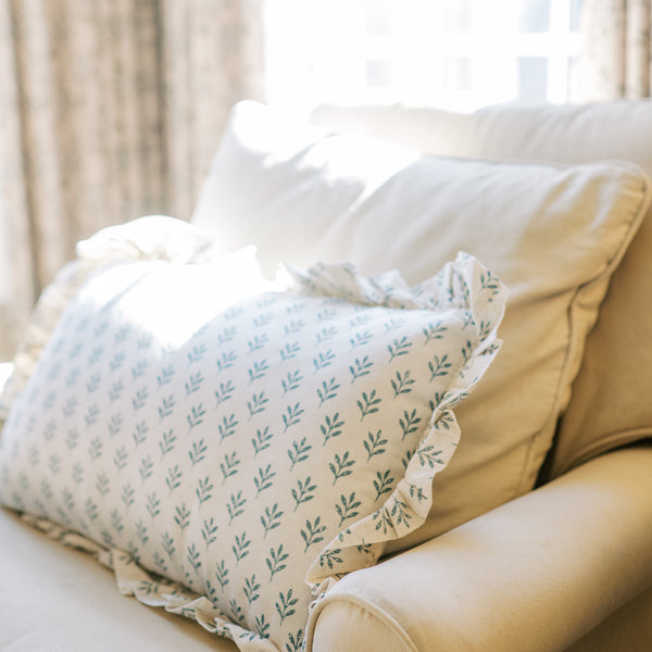 Rosehill Cottage Blue Block Print Ruffled Lumbar Pillow - 14x22 Filled Botanical Decorative Cushion