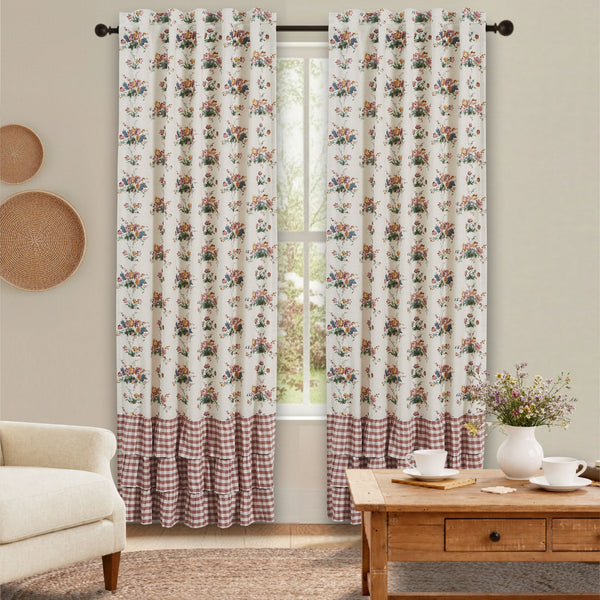 Rosehill Cottage Floral & Gingham Ruffled Cotton Curtain Panel Set - Dusty Rose & Natural Window