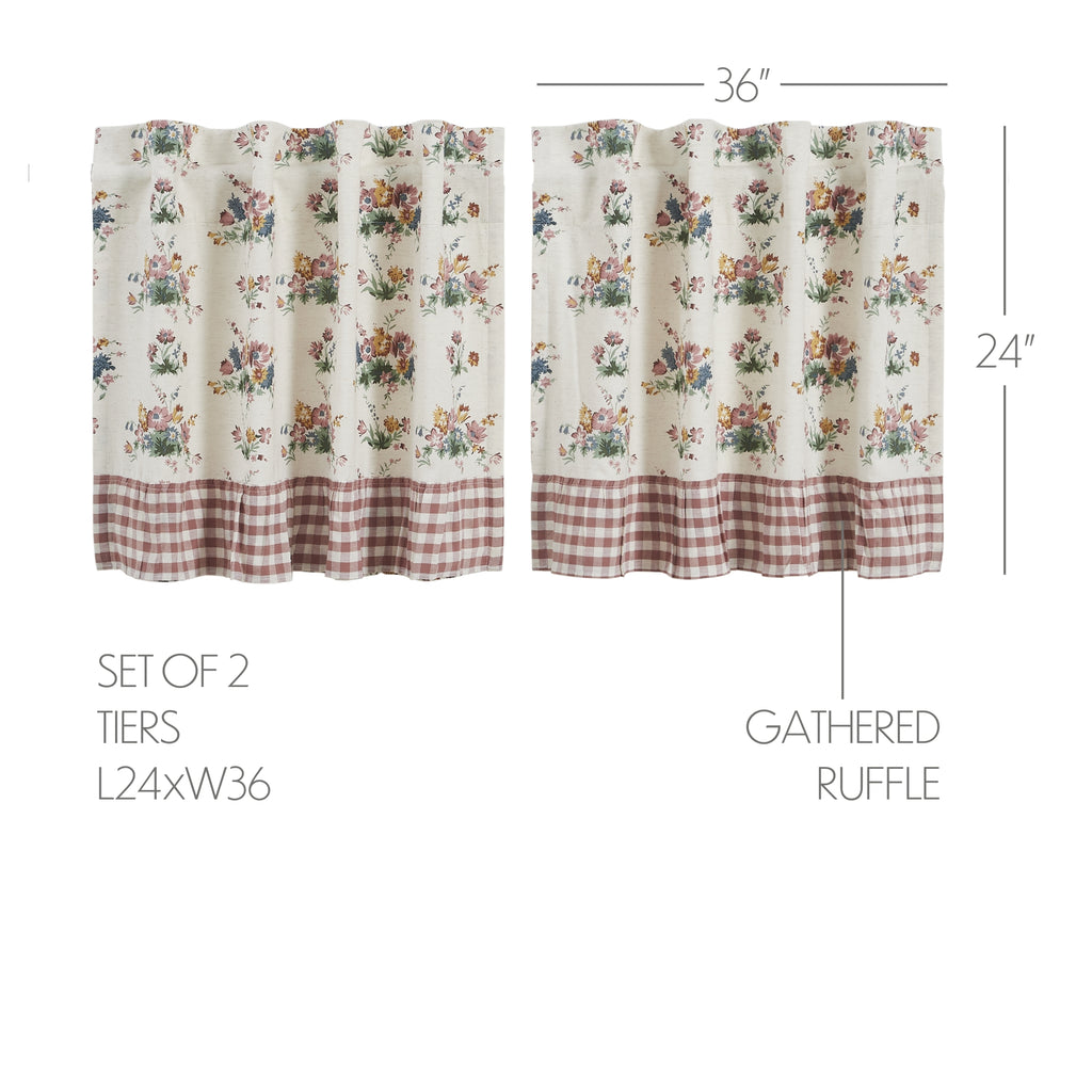Rosehill Cottage Floral & Gingham Ruffled Cotton Tier Curtain Set -  Dusty Rose & Natural Cafe Curtains