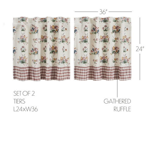 Rosehill Cottage Floral & Gingham Ruffled Cotton Tier Curtain Set -  Dusty Rose & Natural Cafe Curtains