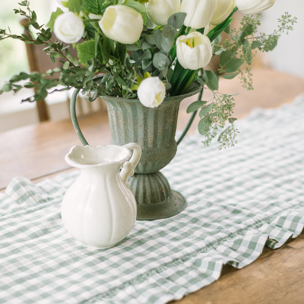 Rosehill Cottage Green Gingham Ruffled Cotton Table Runners - Green & Natural Oval Runners
