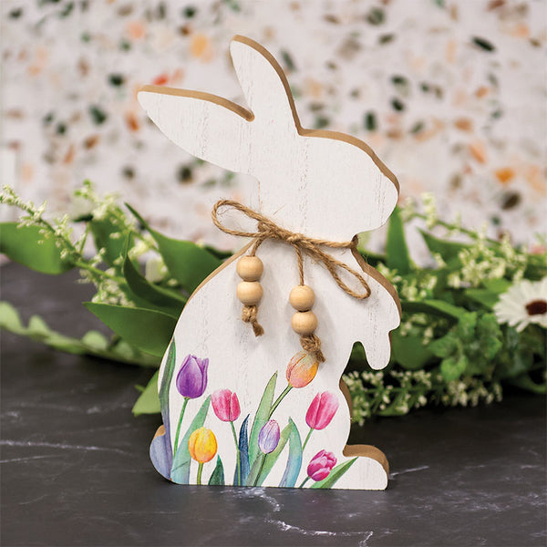 Tulip Printed Easter Bunny Wood Sitter