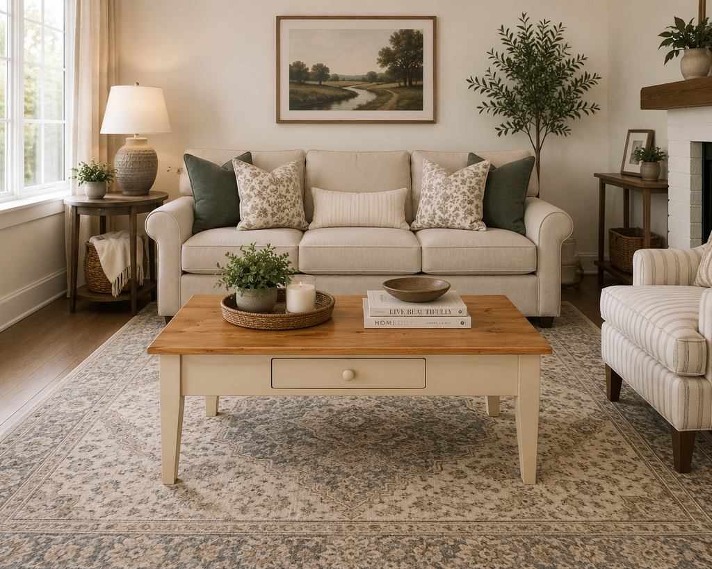 J25 Coffee Table with Drawer-Antique White with Cherry
