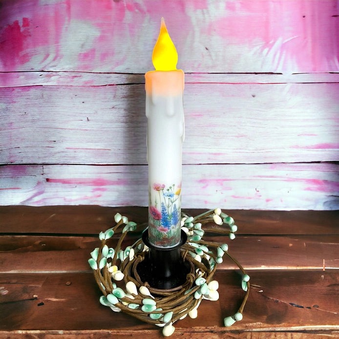 Wild Flowers Wrapped Operated LED Timer Taper Candle - 7"