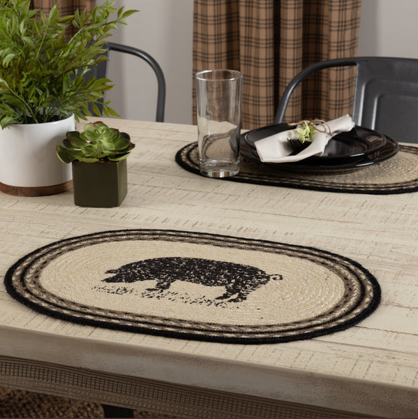 Sawyer Mill Charcoal Jute Braided Placemats - Pig-Set of 6