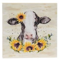 Cow With Sunflowers Square Wooden Block