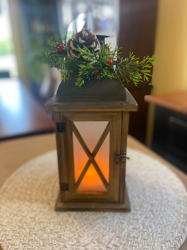 11.8"H Battery Operated Lighted Wood & Metal Lantern