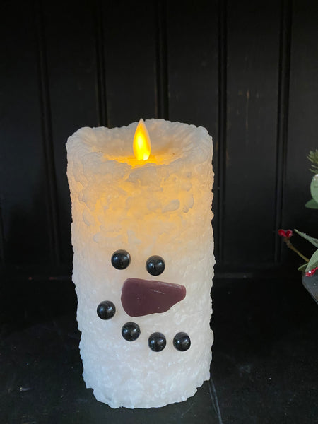 Snowman Bumpy White Moving Flame LED  Candle 3"x7"