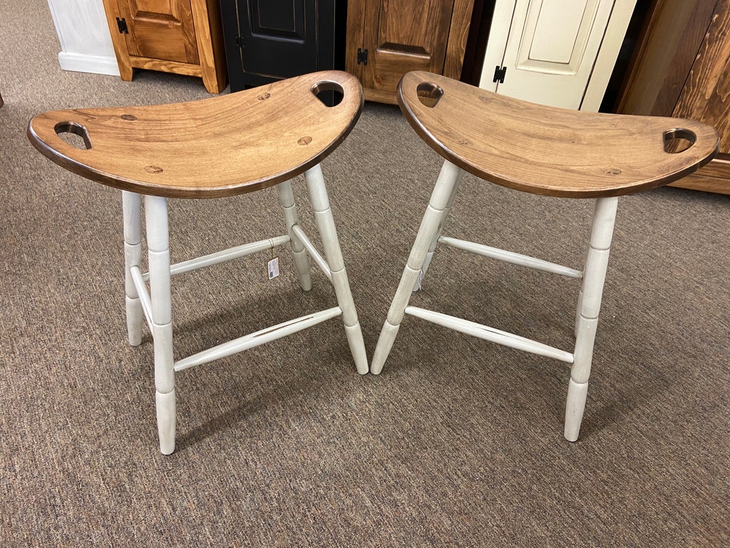 Stool-Saddle - Antique White with Special Walnut - Set of 2