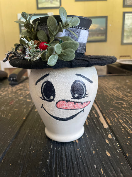 Handmade Snowman in Black Top Hat with Ribbon, Greenery & Berries