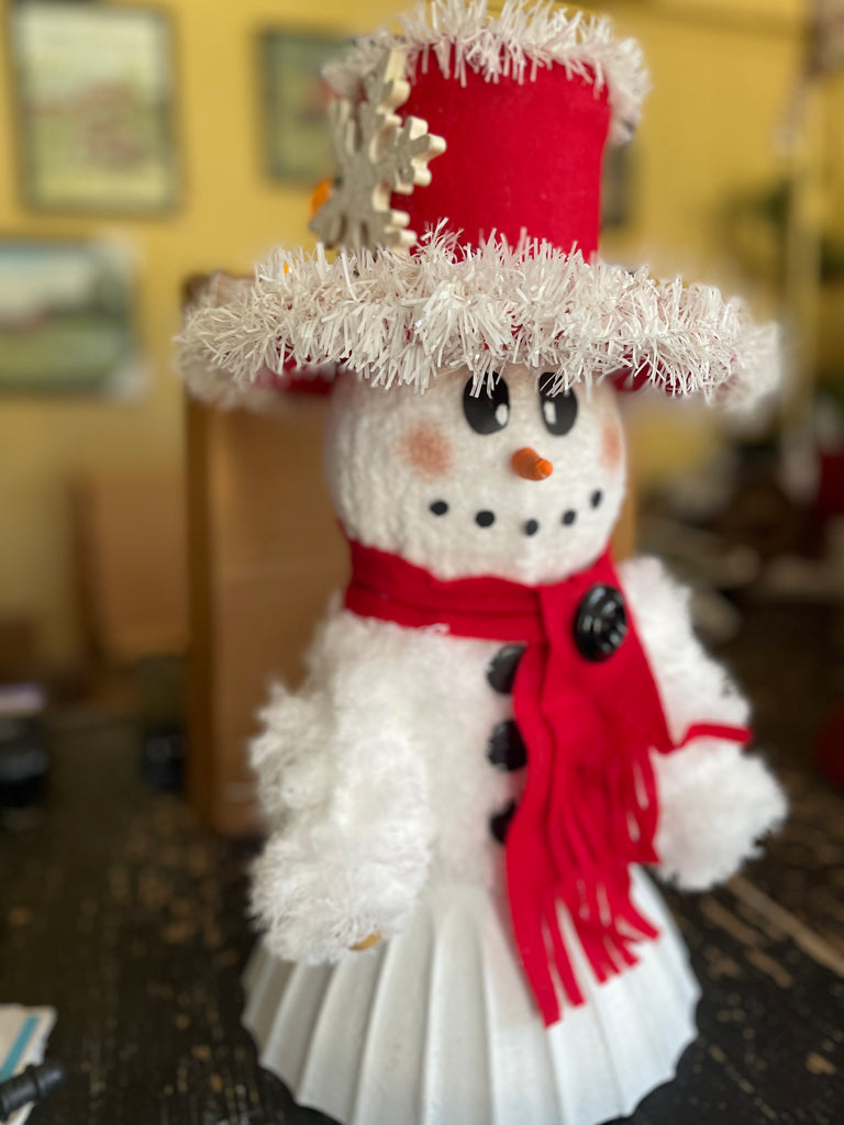 Handmade Plush Snow Lady in a Black Hat with a Snow Flake