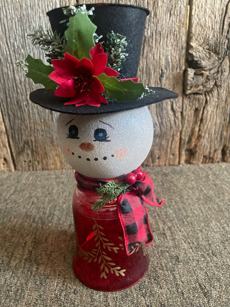 Handmade Vintage Globe Snow Lady in a Black Hat with Plaid Scarf