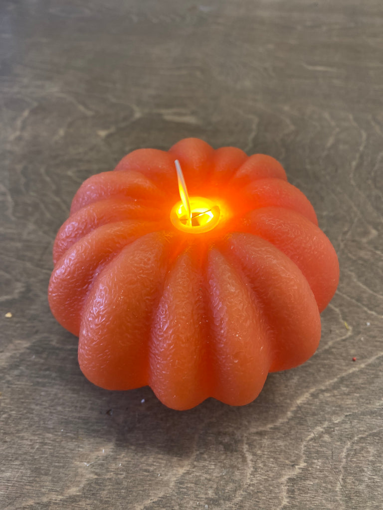 Orange Pumpkin Carved Timer Moving Flame LED Candle 4.5"x2.75"