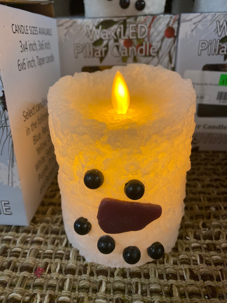 Snowman Bumpy White Moving Flame LED Candle 3"x4"