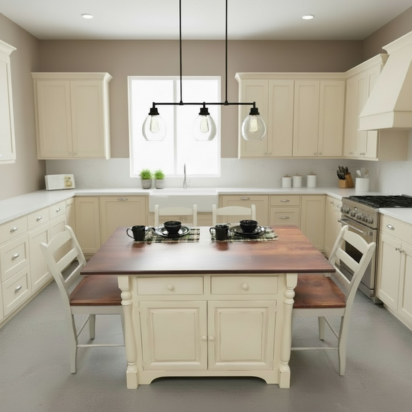 J83A-Amish 4' Island with turned legs & extended top-Antique White with Michael's Cherry