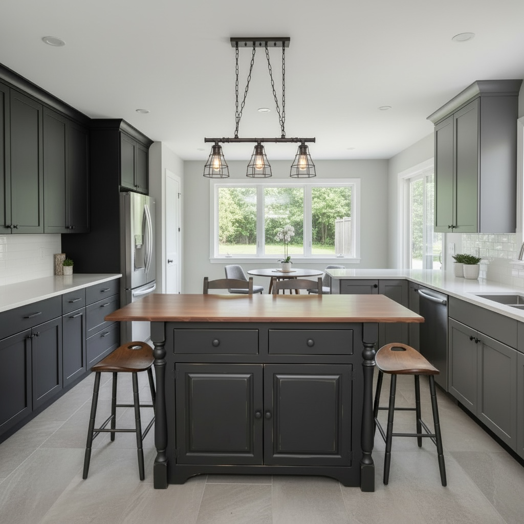 J83A-Amish 4' Island with turned legs & extended top-Black with Michael's Cherry