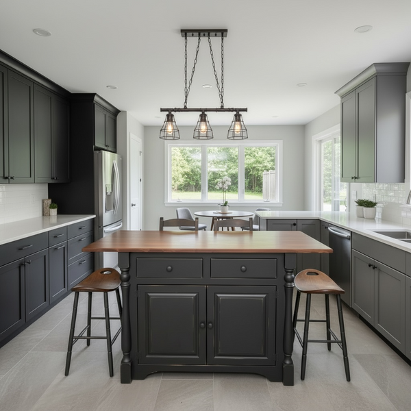 J83A-Amish 4' Island with turned legs & extended top-Black with Michael's Cherry