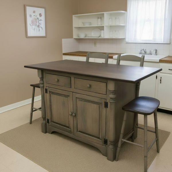 J83A-Amish 4' Island with turned legs & extended top-Pewter with Kona