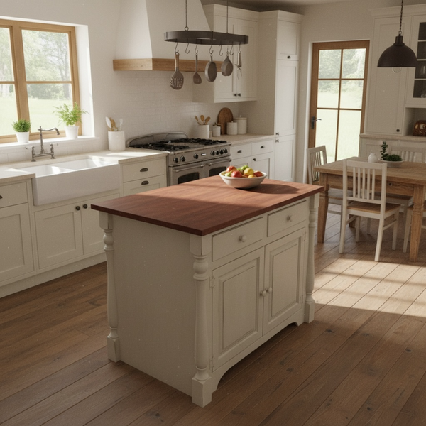 J83A-Amish 4' Island with turned legs-Antique White with Harvest Pine