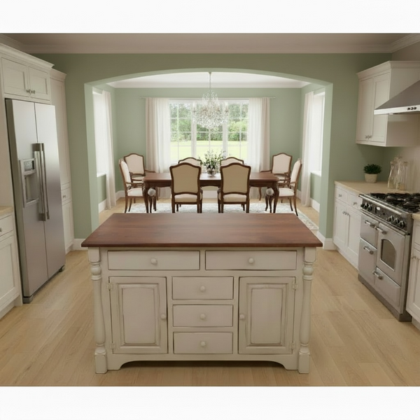 J84A-Amish 5 Drawer Island-Antique White with Michael's Cherry