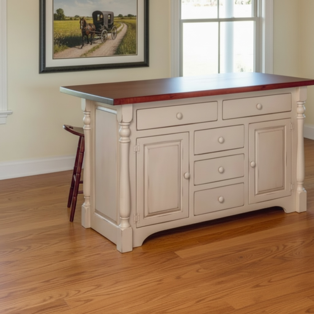 J84A-Amish 5 Drawer Island-Antique White with Michael's Cherry