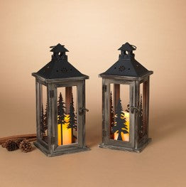 13.98"H Battery Operated Lighted Metal & Wood Lantern