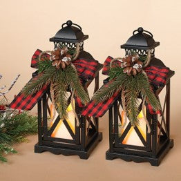 10.5"H Battery Operated Lighted Metal Holiday Lantern with Red Plaid Bow - Set of 2