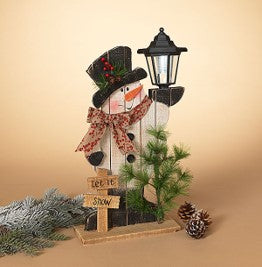 20"H Wood Snowman Holding Solar Lantern