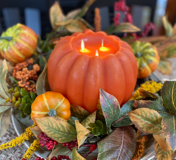 Orange Pumpkin Carved Timer Moving Flame LED Candle 8"x6"