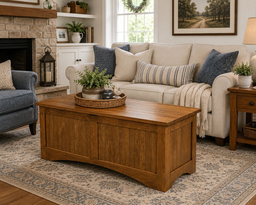 Pine Blanket Chest Coffee Table with Hidden Storage -Seely
