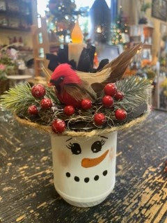 Handmade Snowman in a Hat with Candle, Bird, Berries & Greenery