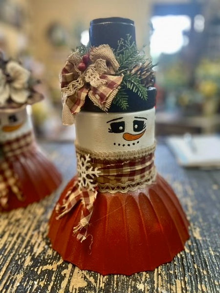 Handmade Snow Lady in a Black Hat with Plaid Bow & Greenery