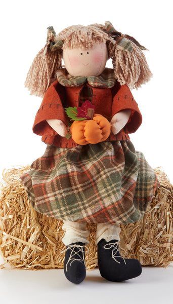 Sitting Green Plaid Girl Doll with Pumpkin