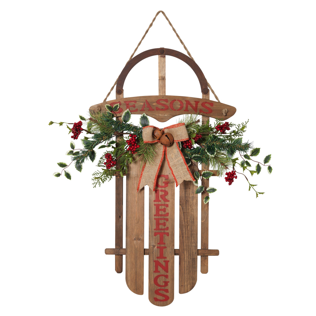 27"L Wood Hanging Sled "Seasons Greetings" with PVC Accents, Bow & Bells