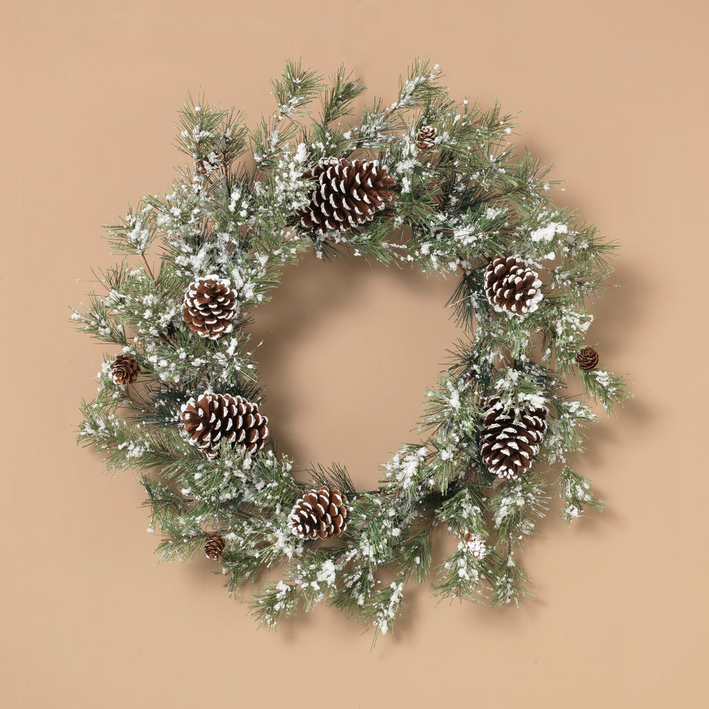 24"H Holiday Snowy Ming Pine Wreath with Pinecones