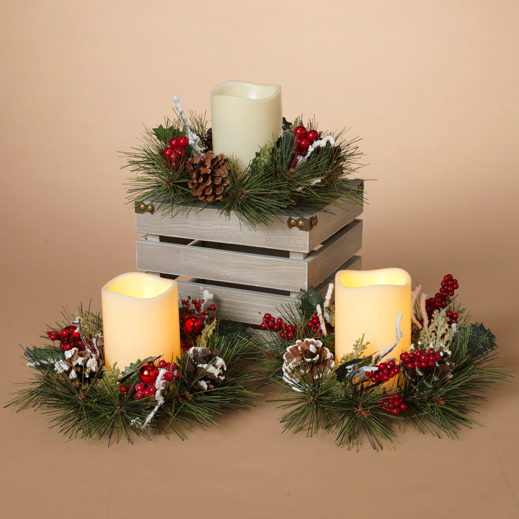 10"D Holiday Pine Battery LED Candle (& TIMER) with Greenery Ring