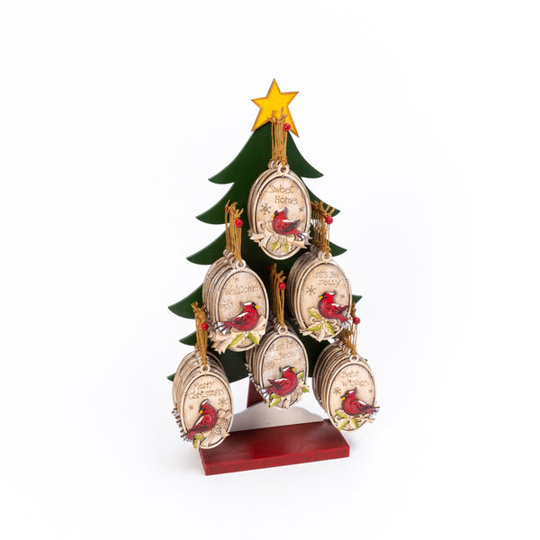 4.6"H Wood Holiday Cardinal Ornament w/ Wooden Tree Display, 6 Asst