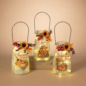 10.2"H B/O Lighted Frosted Glass Jars W/Handle & Floral, 3 Asst.