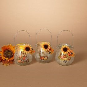 4.3"H Frosted Glass Harvest Luminary W/Handle & Sunflower, 3 Asst.