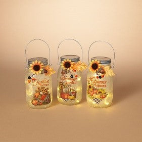 6.9"H B/O Lighted Frosted Glass Luminary W/Handle & Sunflower, 3 Asst.