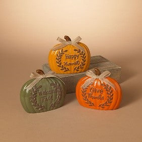 7"L Ceramic Harvest Pumpkin w/ Ribbon, 3 Asst.